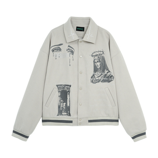 BD健美站美式复古毛呢棒球服男重磅翻领刺绣宽松男士夹克外套