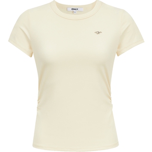 ONLY2026春季新款侧腰弹力抽褶正肩剪裁基础款舒适亲肤圆领T恤女