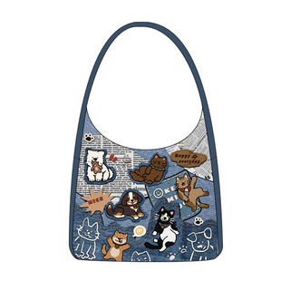 尼睿原创新款牛仔印花帆布包时尚潮流单肩包可爱小狗包包女Q186