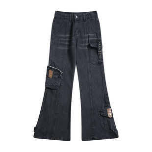 BOYUE帛跃美式重工个性多口袋微喇牛仔裤嘻哈做旧朋克风阔腿裤男