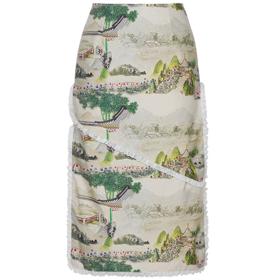 superr 新中式印花双层蕾丝边中高腰a字半裙女秋季设计感小众