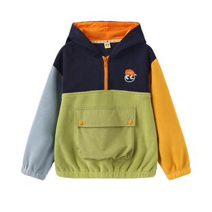 clanc童装24秋季新款儿童撞色保暖绒感潮酷上衣男童连帽卫衣外套