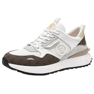 梦特娇男鞋春季2026新款网面厚底真皮印花透气跑步夏季休闲运动鞋