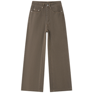 Halo Luu棕色直筒牛仔裤女秋季显瘦休闲裤复古咖色裤子窄版阔腿裤