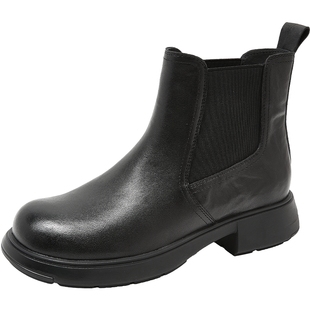 康莉真皮粗跟切尔西靴女25年冬季新款厚底增高复古加绒烟筒靴短靴