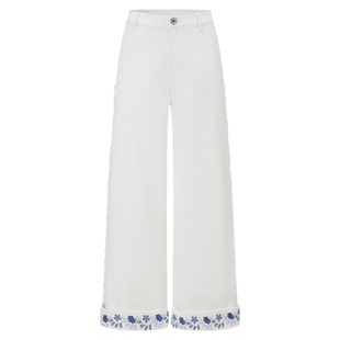 【徐若晗同款】ODTD秋季新款牛仔印花阔腿撞色翻边钉珠牛仔裤