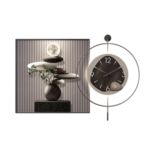 石来运转餐厅装饰画侘寂风餐桌背景墙挂画现代简约led灯钟表挂钟