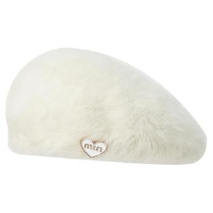 白色贝雷帽女士秋冬季针织兔毛毛绒画家高级感显脸小冬天帽子女款