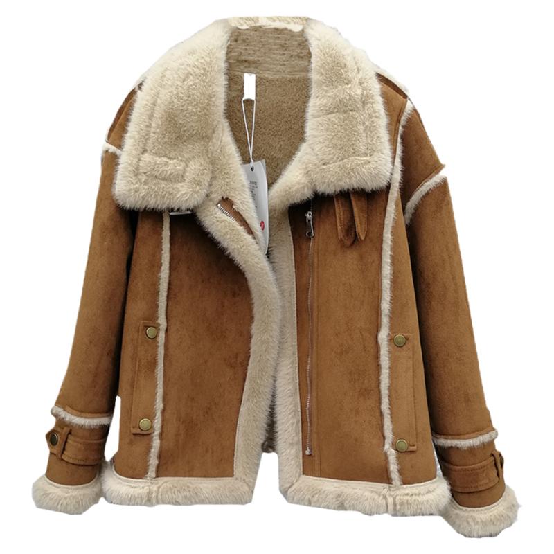 彩色鹿皮绒羊羔毛机车服短款外套