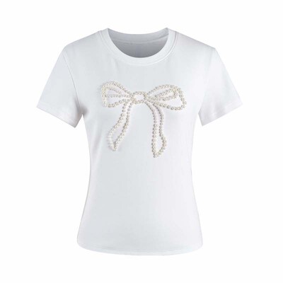 晶咕白标DADATATA【流光珍珠】蝴蝶结短袖T恤微胖女孩的显瘦穿搭