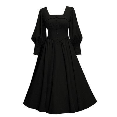 法式复古高腰大摆连衣裙小黑裙