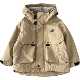 秋冬保暖户外男童加绒冲锋衣~中大童连帽外套儿童休闲拉链防风衣