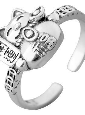 925银招财猫可调节戒指复古时尚