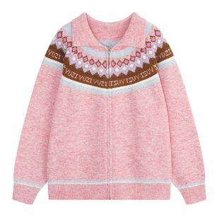 YUZI鱼子费尔岛针织开衫上衣甜酷复古多巴胺减龄宽松毛衣大码女装