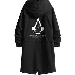 刺客信条纯棉中长款风衣外套男青少年青年春秋冬连帽大衣流行棉服