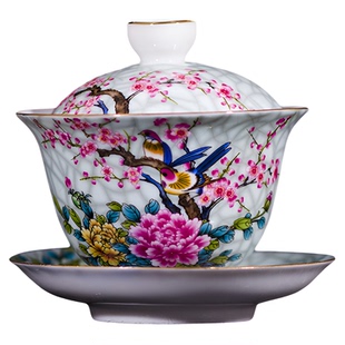 珐琅彩盖碗陶瓷茶具 粉彩瓷功夫茶具茶碗 三才盖碗单碗泡茶茶杯