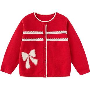 巴拉巴拉童装女童毛衫小香风针织衫2026新款秋冬季开衫红色拜年服