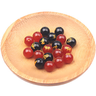 本命年十二生肖红黑玛瑙散珠子圆珠diy编织手链项链黄金隔珠配件