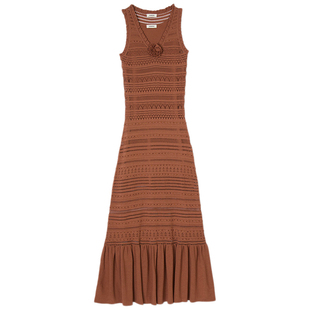 SANDRO Outlets春夏女装法式钩花荷叶边镂空V领长款针织连衣裙