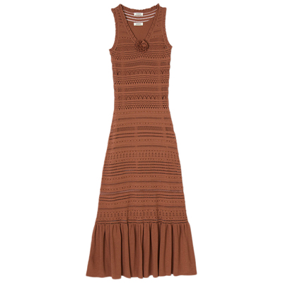 钩花针织镂空荷叶边连衣裙