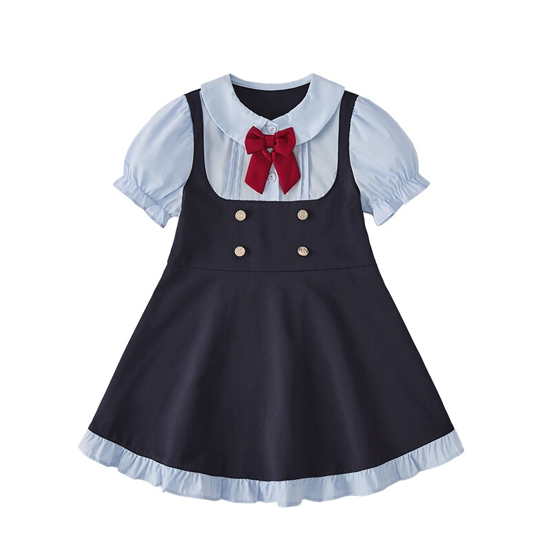大童裙子夏季学院风宝宝裙子假两件花边女童连衣裙透气宝宝夏装女
