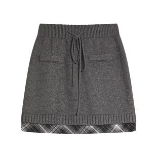 ELLE法式格纹拼接高智感半身裙女2025冬季新款绵羊毛时髦a字短裙