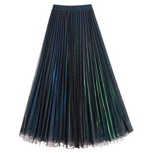 1906 流光亮丝网纱半身裙秋冬女中长款高腰a字裙百褶裙垂感纱裙