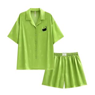 悦内睡衣女夏季夏天冰丝绸短袖短裤家居服薄款高级感绿色大码套装