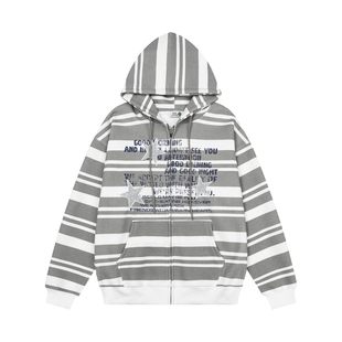 DHSS美式复古星星条纹开衫连帽卫衣春季新款男女宽松休闲情侣外套