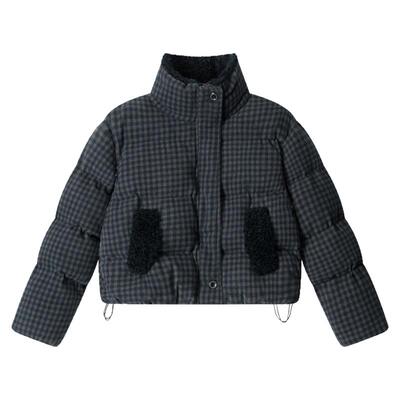 心跳节拍立领格子宽松棉衣外套