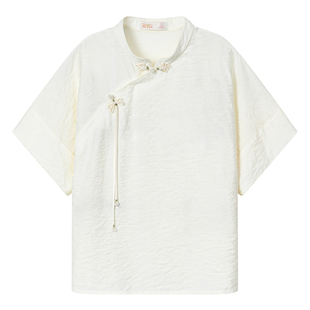 固执夏季新款中式斜襟立领盘扣短袖提花小衫80142SY09261