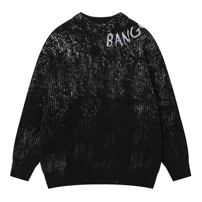 美式复古字母扎染破烂毛衣