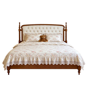 法式全实木卧室储物床中古风复古家用双人床美式1米8高端大气皮床