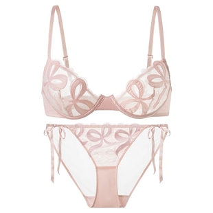 弗利少女法式内衣女软钢圈超薄文胸小胸性感胸罩缎带粉蝴蝶结刺绣