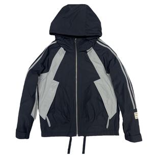 春秋拼色条纹冲锋衣男士百搭连帽上衣外套时尚帅气宽松休闲夹克男