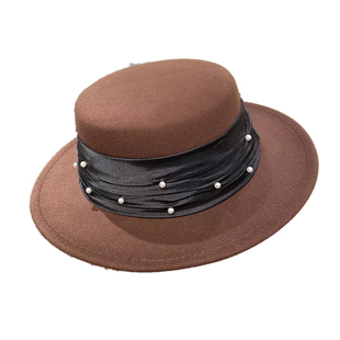 法式轻奢褶皱珍珠丝带平顶毛呢帽子女秋冬复古时尚百搭短帽沿礼帽