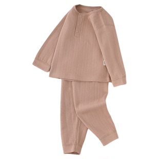 麻丫丫韩版儿童睡衣分体纯棉四季a类秋冬纯色提花男女宝宝家居服