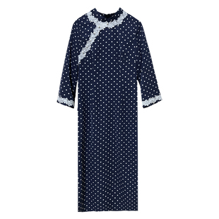 青玉【自制款】大码胖mm藏青色蕾丝花边波点新中式旗袍显瘦连衣裙