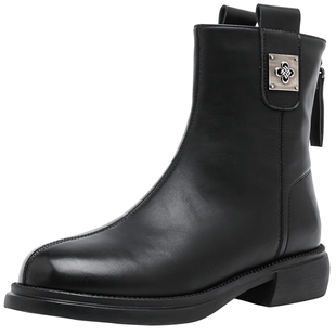 达芙妮厚底短筒靴子女2025新款秋冬真皮软底马丁靴黑色时装瘦瘦靴