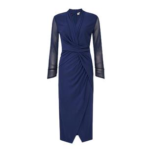 DVF2026春夏新款海军蓝亚光针织拼弹力网纱修身连衣裙DL1U008