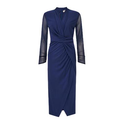 DVF2026春夏新款海军蓝亚光针织拼弹力网纱修身连衣裙DL1U008