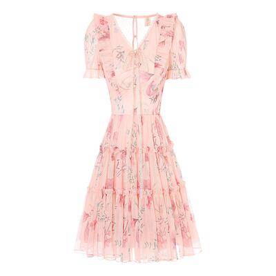 艾丽丝2025夏季新款V领印花短款连衣裙女甜美粉色网纱蕾丝公主裙