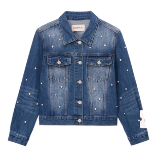 IT PortsPURE女装翻领牛仔夹克新款时髦休闲珠饰缀饰水洗磨白外套