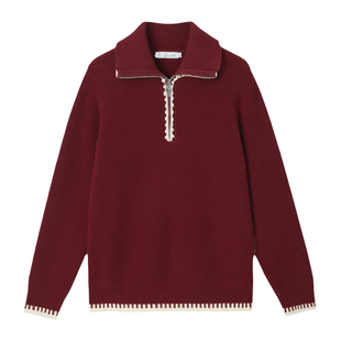 采多宝大码女装撞色提花翻领毛衣胖mm修身显瘦半拉链厚款上衣