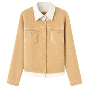 YBAI/亦白 2025秋季新款时尚灯芯绒撞色拼接假两件毛衣针织开衫女