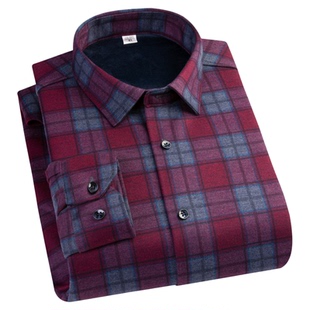 冬季男士羊毛加绒加厚保暖衬衫 男款红色格子休闲工作服长袖衬衣