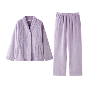 曼系“浪漫美学”秋冬季珊瑚绒睡衣女设计感温柔紫色花边软糯保暖