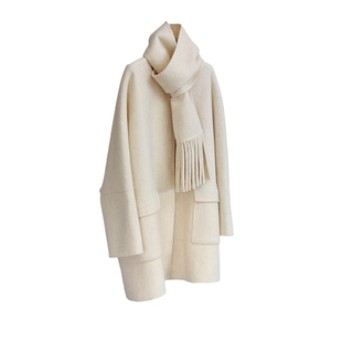 骆驼绒中长围巾羊毛双面呢大衣外套女秋冬中长新款轻奢高端米白色