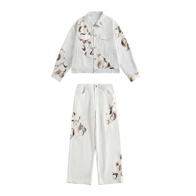 VE2蕾丝拼接火焰牛仔套装