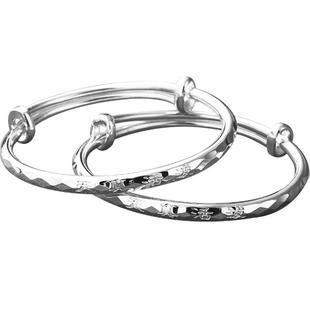 老银匠s999纯银长命富贵手镯百天一对婴儿满月宝宝聪明伶俐银镯子